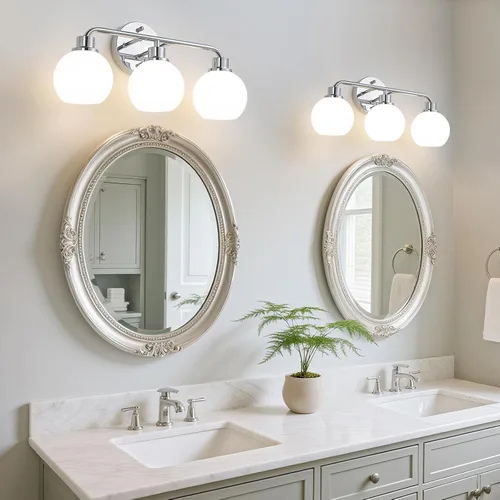 Vista 3 de Lámpara de tocador cromada para baño, 3 luces plateadas Cromado