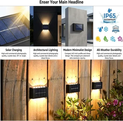 Vista 9 de ASLIDECOR 10 luces LED solares de pared hacia arriba, paquete de 4 lámparas iluminadas con sensor de luz solar al aire libre, IP65, impermeable