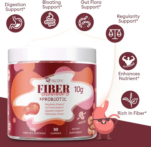 Vista 4 de Gominolas de fibra Migcopat con probióticos, 10 g de fibra por porción, sin azúcar añadida sabor a manzana, con mezcla de 10 mil millones de UFC