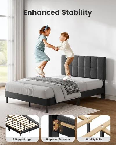 Vista 3 de Pipishell Base de cama tapizada de tamaño matrimonial con cabecera ajustable de 3 alturas, base de colchón totalmente tapizada, fuerte capacidad