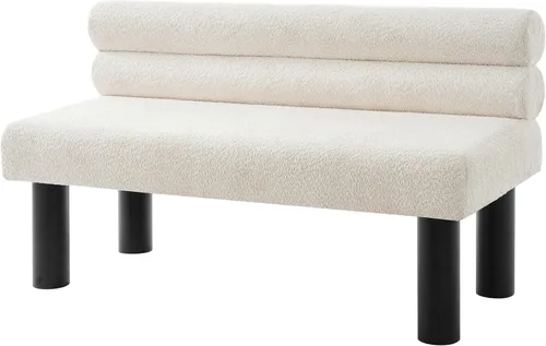 Vista 8 de GDFStudio Banco tapizado de bouclé con respaldo para comedor, banco de entrada estilo granja con patas de madera de goma, banco largo para Beige