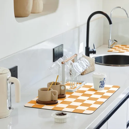 Vista 15 de Ohocut Tapete de secado de platos a cuadros para encimera de cocina, accesorios de estación de cafetería, estética, retro, moderna, absorbente