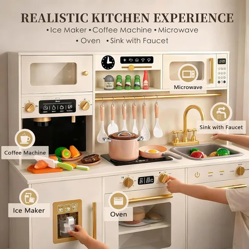 Vista 4 de Juego de cocina para niños, juego de cocina de juguete de madera con electrodomésticos y almacenamiento inteligente, juego de cocina para niños