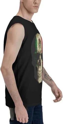 Vista 3 de Camiseta sin mangas con diseño de calavera mexicana con bandera mexicana para hombre, camiseta sin mangas para gimnasio, culturismo