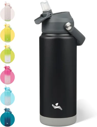 Vista 48 de Konokyo - Botella de agua deportiva aislada de acero inoxidable de 18 onzas con tapa con popote Black; BPA-free, leak-proof sports bottle with