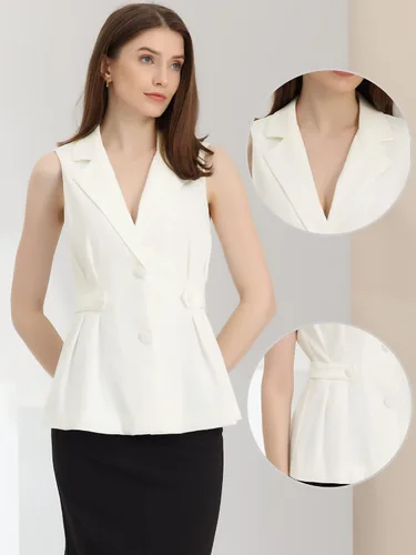 Vista 2 de Allegra K Blazer sin mangas para mujer, con cuello de solapa, chaleco de vestir plisado de un solo botonadura