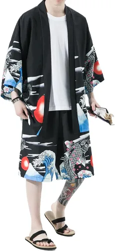 Vista 4 de PRIJOUHE Conjunto de kimono de estilo japonés para hombre, ligero, casual, con siete mangas, frente abierto, cárdigan y pantalones cortos