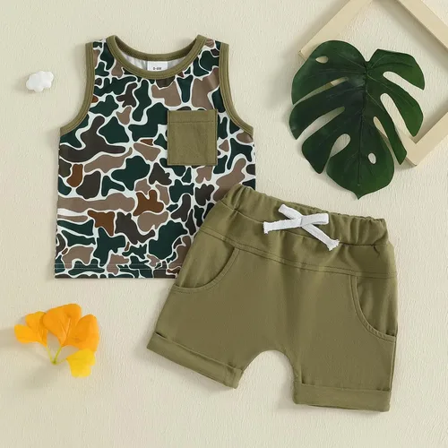 Vista 28 de Ropa de bebé niño sin mangas + pantalones cortos con estampado a rayas con bolsillos, 2 piezas de trajes de verano