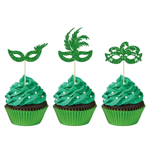 Vista 15 de Gyufise 24 máscaras de mascarada para cupcakes con purpurina para despedida de soltera, para cupcakes, comida y frutas, baile de máscaras, Mardi