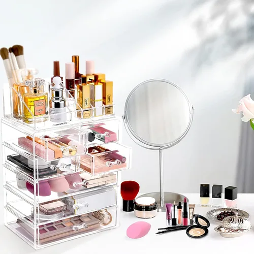Vista 6 de Organizador de maquillaje transparente con soporte para pinceles, gran exhibición de cosméticos de acrílico y organizador de maquillaje