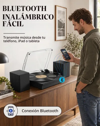 Vista 4 de Reproductor de discos de vinilo con dos altavoces estéreo, tocadiscos con reproducción Bluetooth de 3 velocidades, entrada AUX para auriculares
