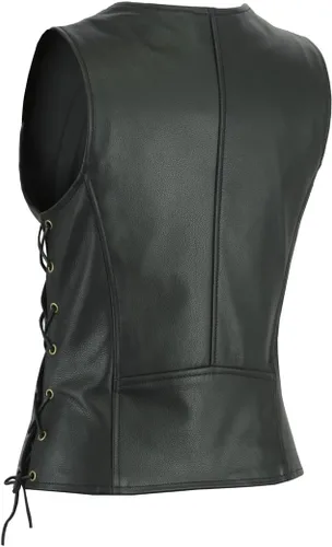 Vista 2 de A&H Apparel Chaleco clásico de motociclista para mujer, chaleco de cuero de vaca genuino con bolsillo para pistola
