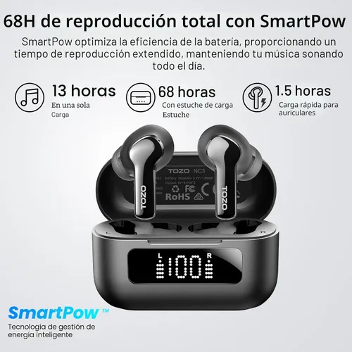 Vista 4 de TOZO Auriculares inalámbricos híbridos con cancelación activa de ruido en Negro