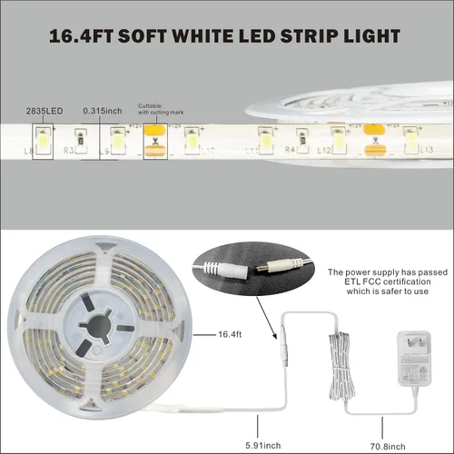 Vista 7 de Tira de luces LED de color blanco brillante de 16.4 pies, 300 luces LED blancas frías, 6500 K, impermeables, para dormitorio, armarios de cocina