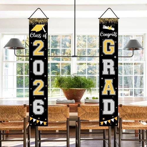 Vista 6 de Bandera de decoración de graduación 2025 GRAD Bandera negra para porche y puerta de bienvenida para pared interior y exterior, decoración