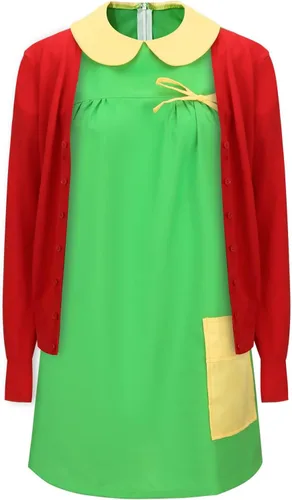 Vista 2 de Women Costume Green Dress Red Knit Cardigan Shorts Glasses Full Set Halloween Cosplay Outfit
