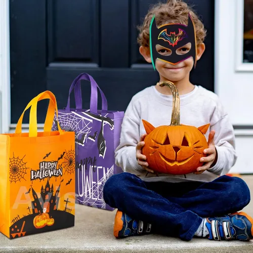 Vista 5 de Aviski 6 bolsas de Halloween para dulce o truco, no tejidas grandes bolsas de regalo con asas para envolver regalos, suministros de fiesta, 15 x