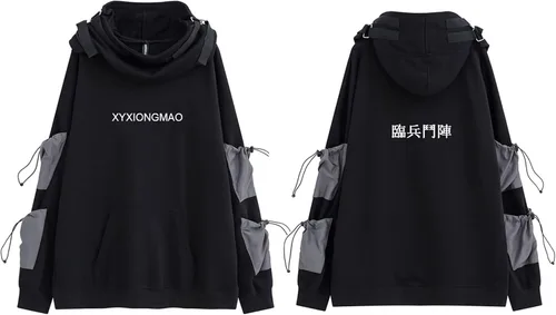 Vista 5 de XYXIONGMAO Streetwear Techwear Sudadera con capucha Cyberpunk Tactical para hombre, color negro, Urban Hip Hop