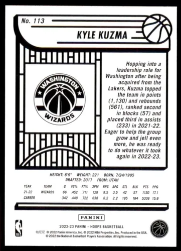 Vista 2 de 2022-23 Panini NBA Hoops #113 Kyle Kuzma Washington Wizards Officially Licensed Basketball Card