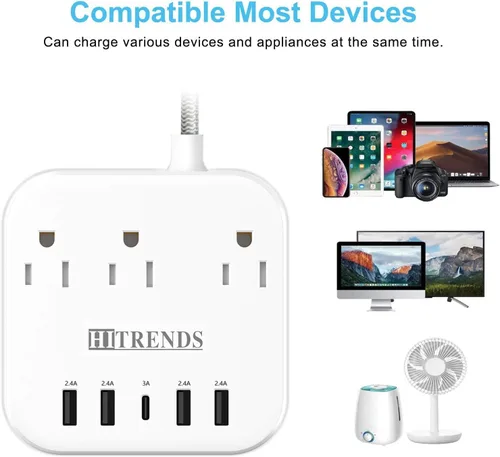 Vista 6 de Regleta de alimentación, protector de sobretensiones HITRENDS con 3 tomas, 4 puertos USB y 1 puerto tipo C (5V/3A), enchufe plano en ángulo, cable