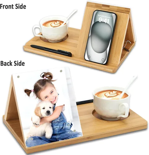 Vista 2 de Soporte para Libros de Bambú, Soporte Triangular para Libros con Marco de Imagen Acrílico, Descanso para Libros con Portavasos, Soporte para Tableta