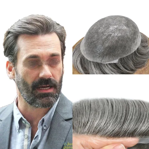 Vista 12 de Pieza de pelo para hombre, sistema de reemplazo de cabello de piel ultra fina para hombres, pieza de pelo de tupé para hombres, cabello humano real