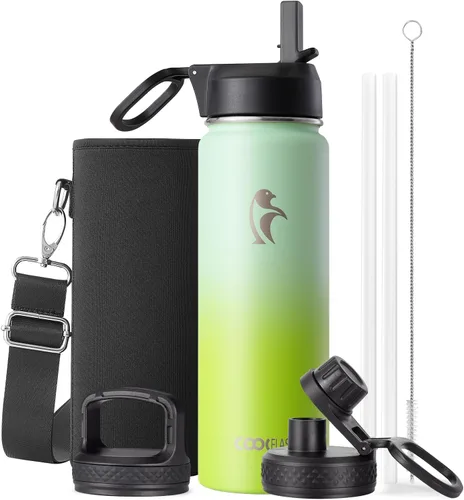 Vista 37 de Coolflask Botella de agua de 20 onzas aislada con pajilla, 3 tapas de metal de acero inoxidable, botella de agua de boca ancha para deportes u