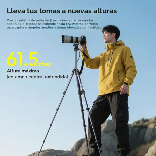 Vista 2 de ULANZI Ombra Xiang Ⅱ - Trípode de video para cámara con cabezal fluido, trípode de viaje de 61.5 pulgadas con placa de liberación rápida de Arca
