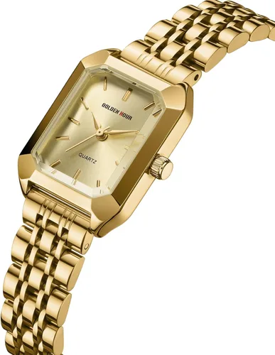 Vista 2 de GOLDEN HOUR Reloj rectangular de cuarzo para mujer, correa de acero inoxidable en tono dorado
