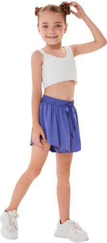 Vista 2 de Paquete de 2 pantalones cortos atléticos fluidos para niñas con bolsillos, diseño de mariposa, correr, entrenamiento, deportes, cintura elástica