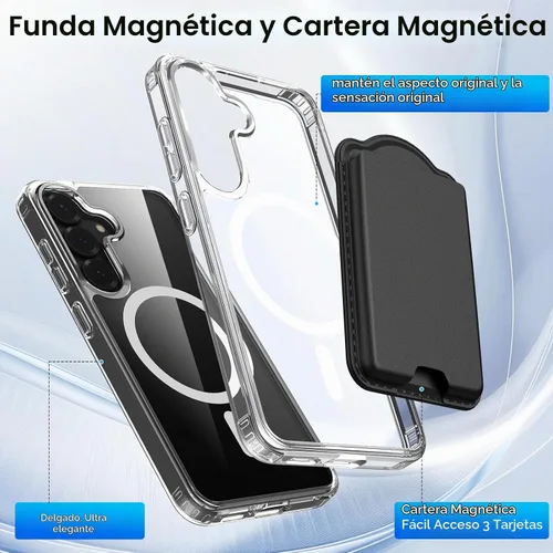 Vista 3 de Funda magnética para Samsung Galaxy S25 FE, transparente y negro con soporte para tarjetas de crédito desmontable, compatible con MagSafe, ajuste