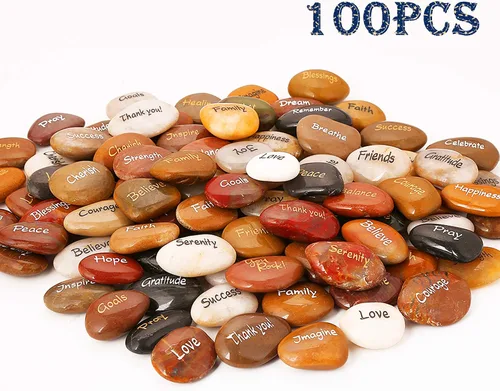 Vista 2 de ROCKIMPACT 100 piedras grabadas con diferentes palabras inspiradoras, piedras de fe a granel, regalos novedosos, piedras zen, piedras de gratitud