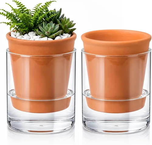 Vista 7 de 2 Piezas Macetas de Autoriego de 4 Pulgadas para Plantas de Interior Maceta de Vidrio Transparente Maceta Pequeña para Plantas con Platillo Depósito