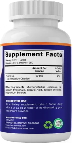 Vista 8 de Vitamatic Potasio 99mg – 250 Tabletas – Cloruro de Potasio para la Función Muscular, del Corazón y de los Nervios – Apoyo de Electrolitos – Sin OMG