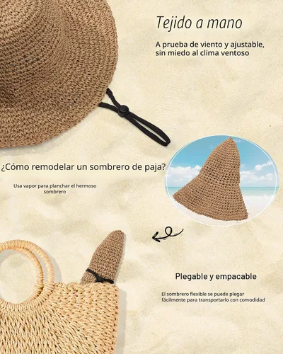 Vista 5 de Sombreros de sol para mujer, sombrero de pescador de paja de ala ancha de Caqui claro