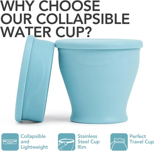Vista 3 de TakeToday 2 vasos plegables de viaje de 8 onzas, taza de agua plegable de silicona, sin BPA con tapa y bolsa impermeable, juego de vasos para beber