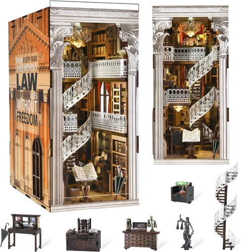 Vista 23 de CCCDF - Kit de manualidades para rincón de lectura de biblioteca, kit de casa de muñecas en miniatura, rompecabezas de madera 3D con luces LED