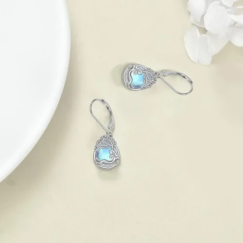 Vista 4 de Aretes colgantes con forma de lágrima de filigrana de piedra lunar de plata de ley 925 con cierre de palanca para mujer, regalos de joyería