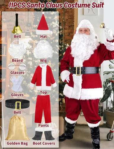 Vista 6 de Traje de Santa Claus para adultos y hombres, 11 piezas, color rojo, de lujo, clásico, de terciopelo, disfraz de Papá Noel para fiesta de Navidad