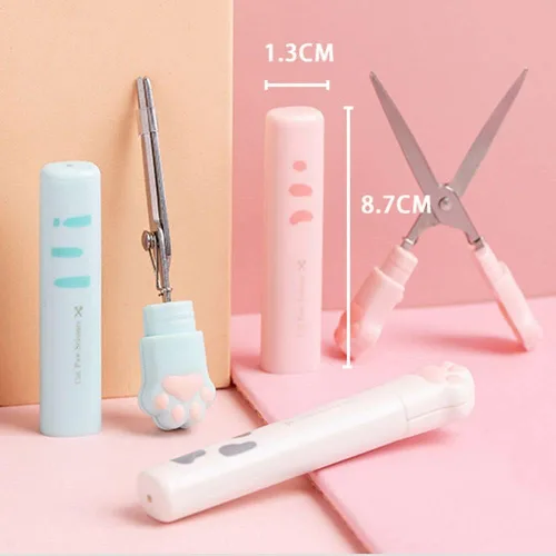 Vista 2 de Tijeras multiusos, mini tijeras de mano portátiles Kawaii Cat Paw Tijeras de artesanía Tijeras plegables de papelería con cubierta de seguridad