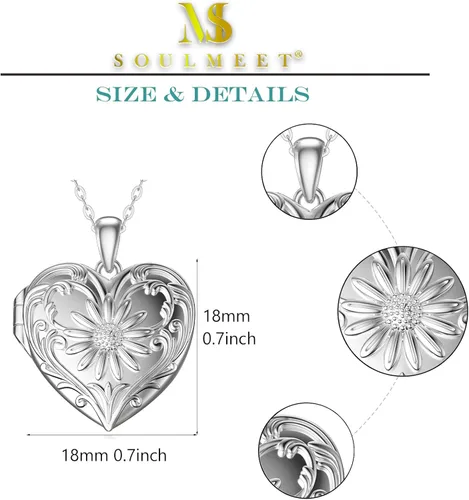 Vista 5 de SOULMEET Collar con medallón de girasolrosa blanco que sostiene fotos para mantener a alguien cerca de ti personalizado plata esterlinaoro blanco