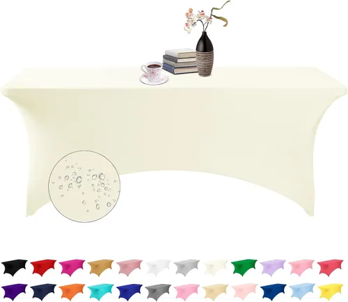 Vista 17 de Paquete de 2 fundas de mesa de elastano impermeables para mesas rectangulares, 6 pies, negras, elásticas, resistentes a manchas, para todas