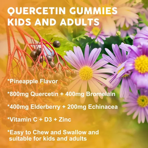 Vista 7 de Gomitas de quercetina con bromelina para niños y adultos, apoyo inmunológico y de bienestar estacional, 800 mg de quercetina con bromelina, zinc