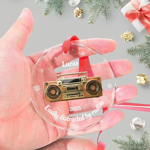 Vista 4 de Personalized Radio Lover Glass Ornament, Custom Retro Boombox Christmas Keepsake with Name and Year, for Music Fans, Xmas Gifts 2025
