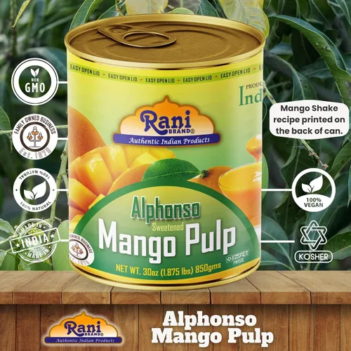 Vista 4 de Puré de pulpa de mango Rani (hace batidos de mango Lassi) Alphonso endulzado 30 onzas (1.875 libras) 29.98 oz ~ Kosher Todo natural Sin OMG