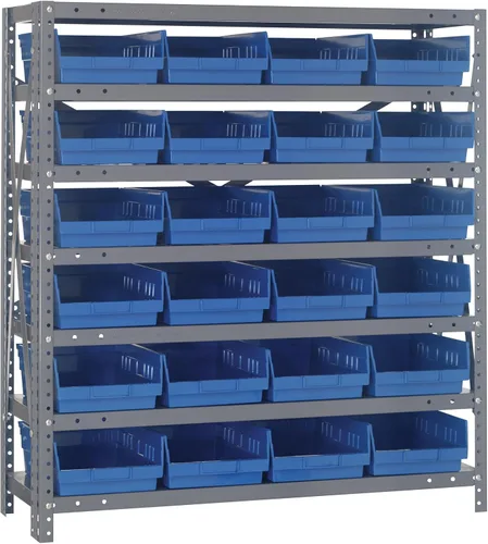 Vista 391 de Quantum QSBU-245BK Heavy Duty Shelving Unit with (7) Shelves and (24) QUS245 Black Bins for Garage Warehouse Storage Distribution 400 lb Load
