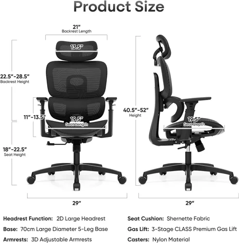 Vista 3 de Silla de oficina ergonómica, silla de escritorio ajustable con respaldo alto y asiento ajustable, reposabrazos 3D, bloqueo de inclinación reclinable