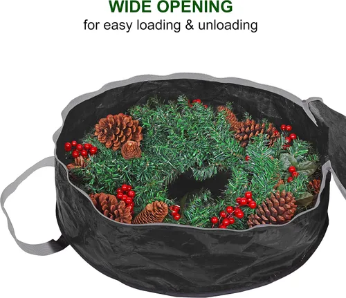 Vista 4 de Bolsa de almacenamiento para corona de Navidad de 24 pulgadas, contenedor de guirnalda con material resistente a desgarros, con asas resistentes