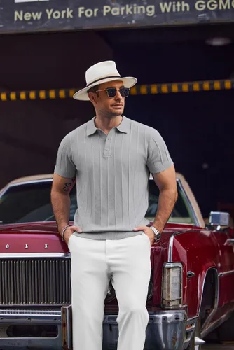 Vista 28 de COOFANDY Camisas polo de punto para hombre de manga corta con textura acanalada Camisas de golf casuales y ligeras con cuello Camiseta de polo