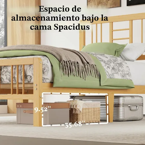 Vista 3 de Marco de cama de madera de bambú de 12 pulgadas con cabecero y estribo, marco de cama con soporte de listones de metal, resistente, no necesita